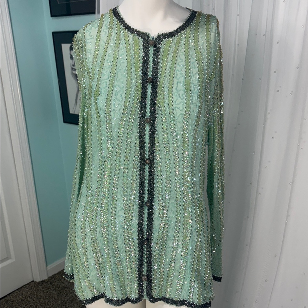 Vtg Galleria all over beaded silk zippered top